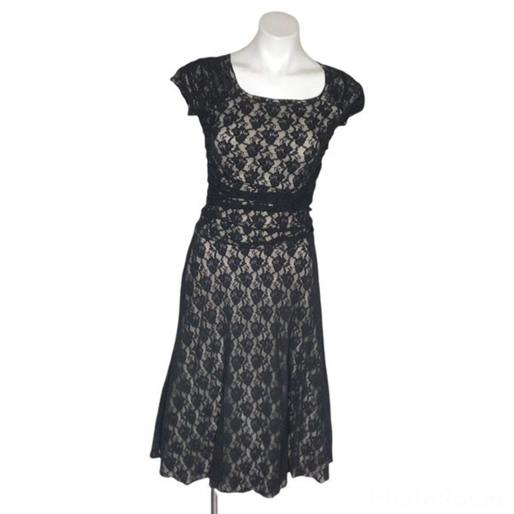 JODY California Black Over Beige Lace Dress Fit & Flair Vintage USA